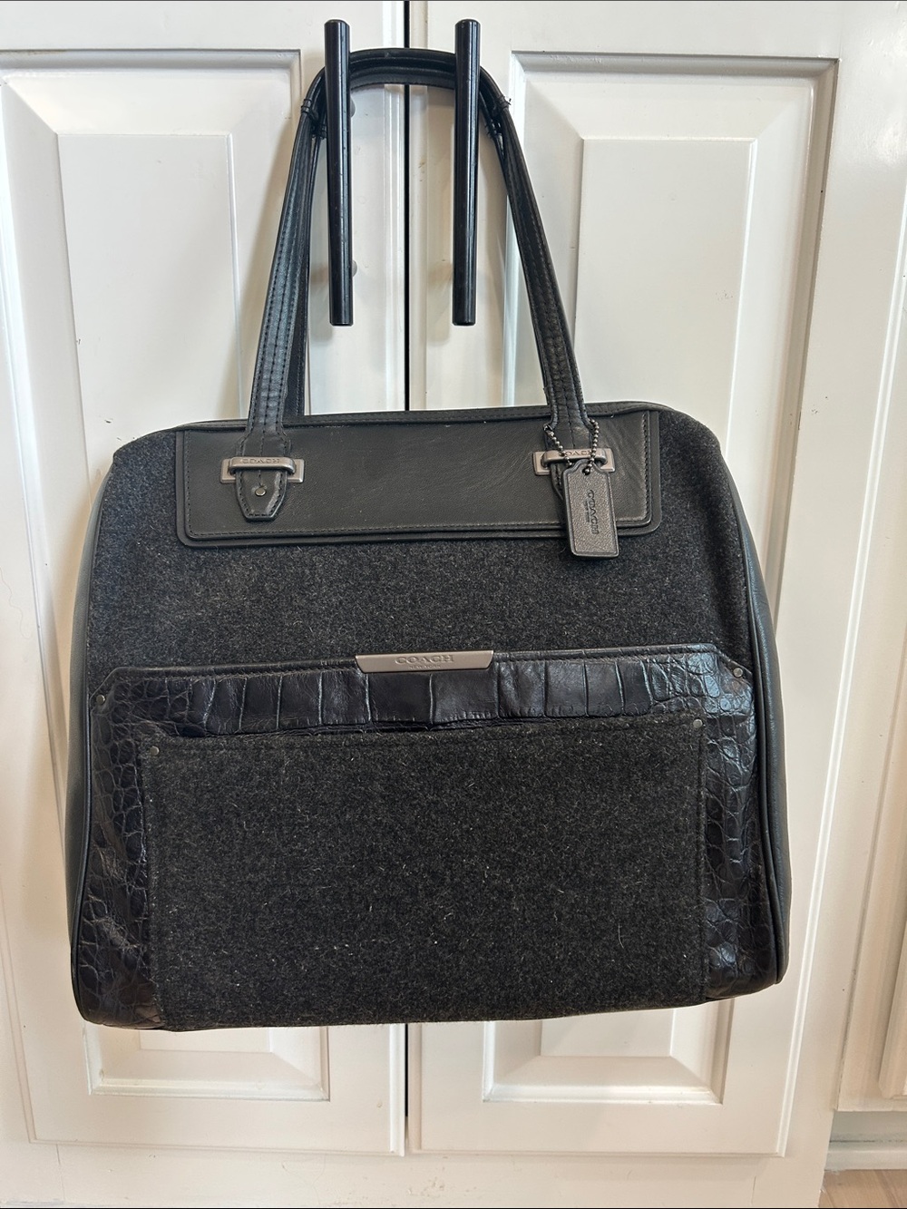 Coach Black Leather & Wool Laptop Tote